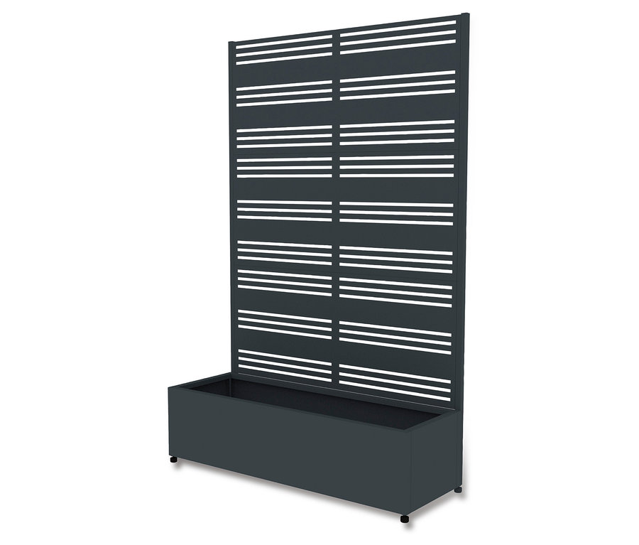 Dunkelgrauer Sichtschutz mit Pflanzkasten, 120 x 184 x 42,5 cm.