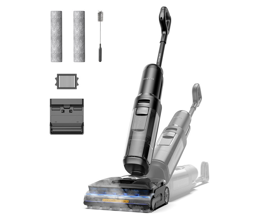 Ein Tineco Nass-Trockensauger steht auf einem weißen Hintergrund, zusammen mit Zubehör wie zwei Walzen, einer Reinigungsbürste, einem Filter und einer Ladestation.