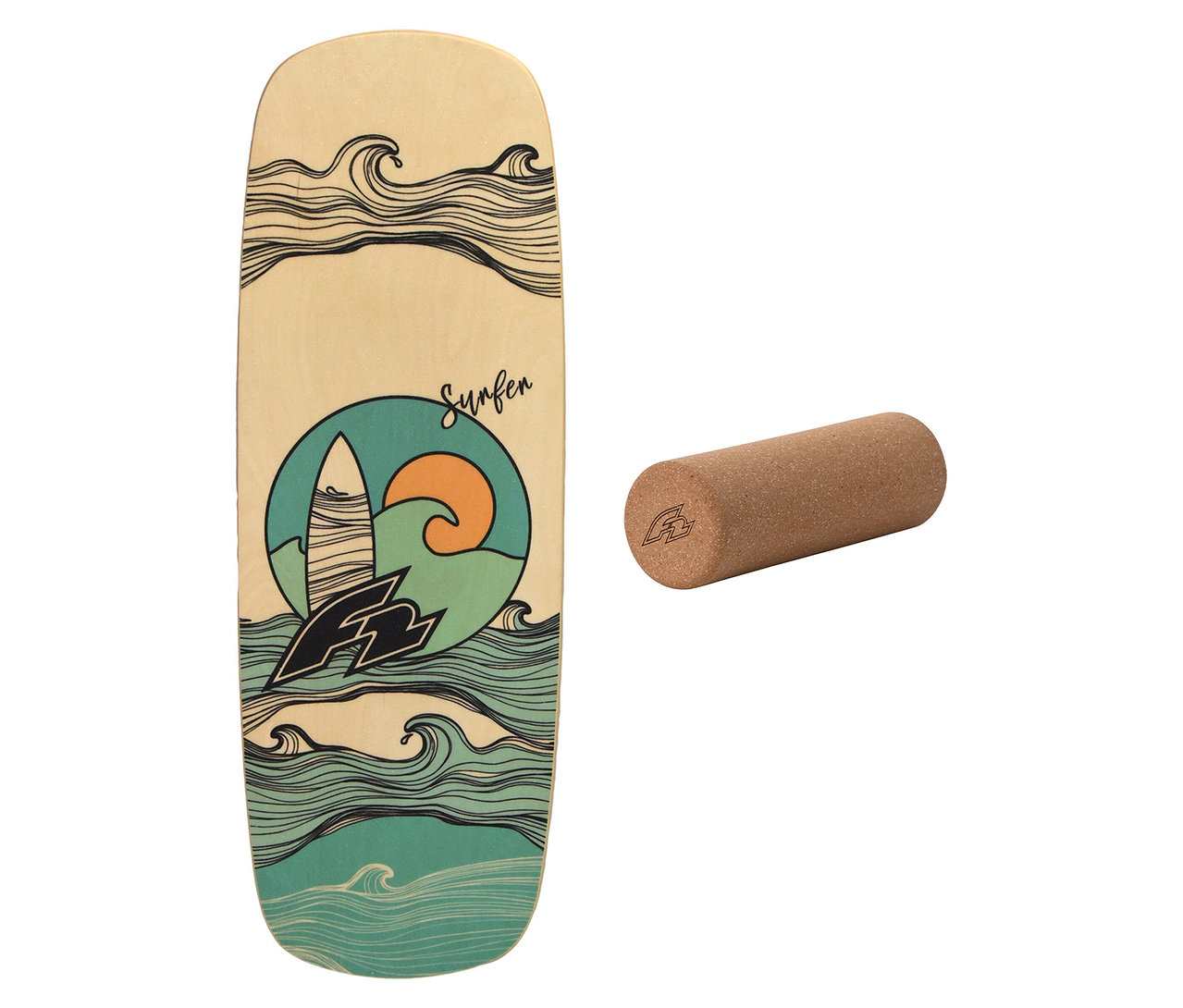 Ein F2 Balance Board Set Pill mit Korkrolle liegt auf einem weißen Hintergrund.