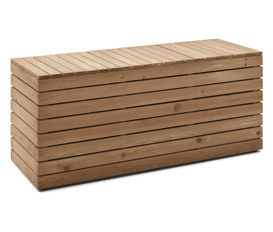 Holzbank mit Lattenmuster.