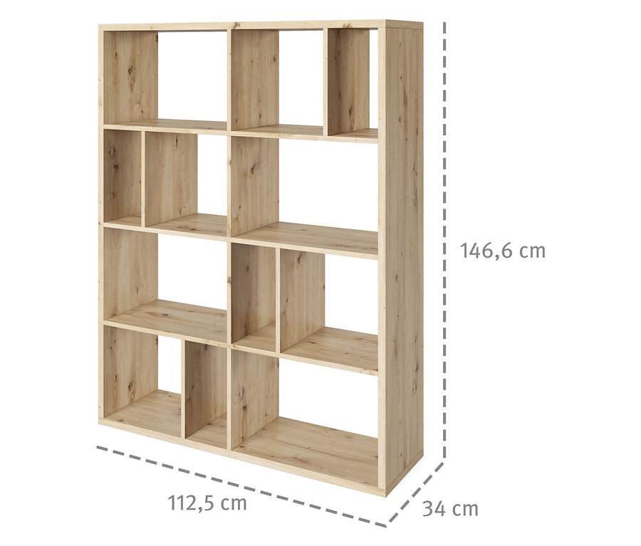 Freistehendes, leeres Roba Raumteiler »Fortuna« mit 12 Fächern in Artisan-Eichenoptik, mit Größenangaben.