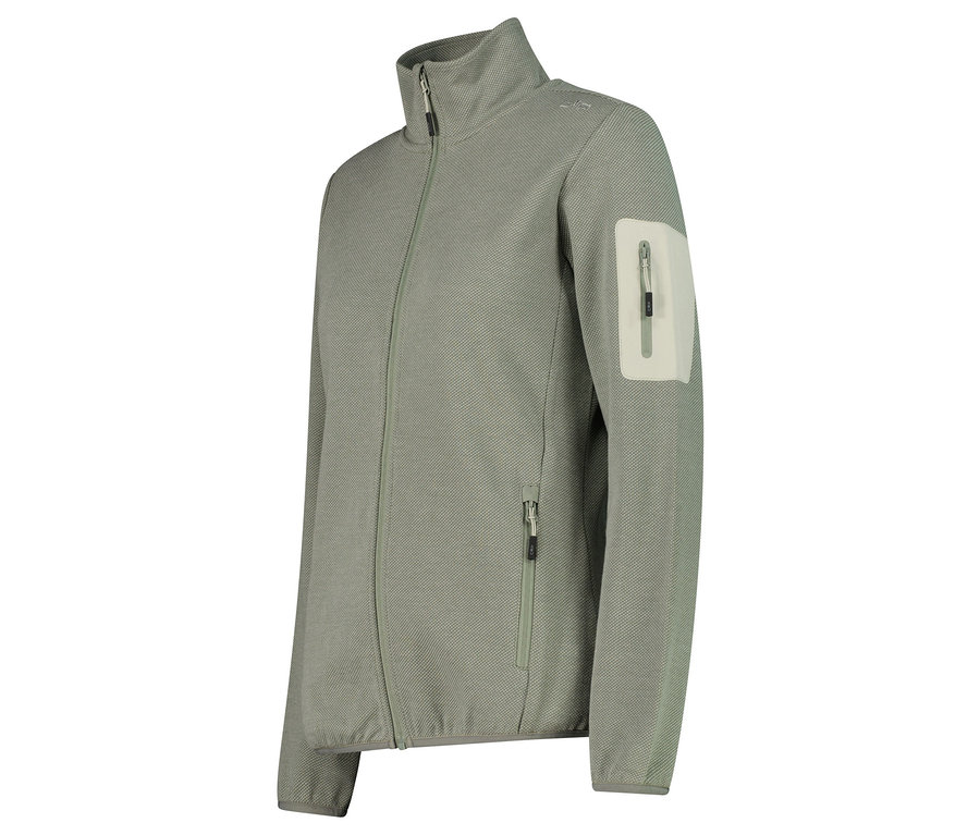 Hellgrüne Fleecejacke mit Reißverschluss und einer Tasche am linken Ärmel.