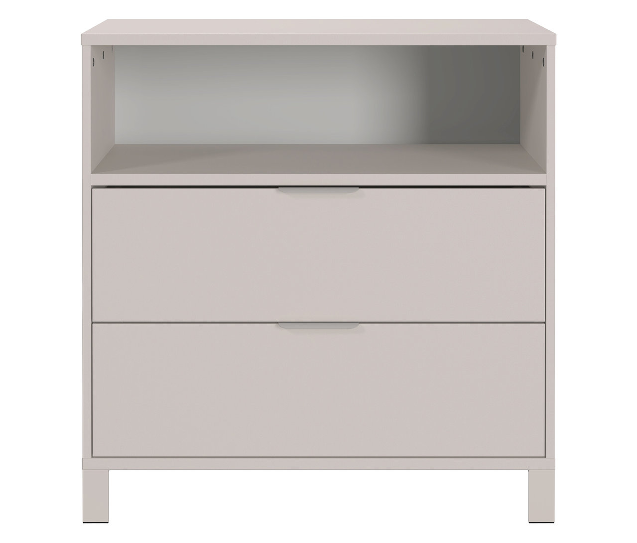 Ein beiger Nachttisch mit zwei Schubladen und einem offenen Fach.