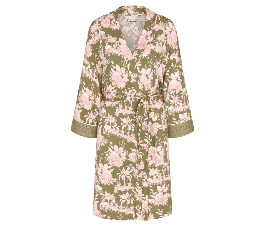 Olivgrüner Triumph Aura Spotlight Robe mit rosa Blumen- und Dschungelmuster, V-Ausschnitt und Bindegürtel.
