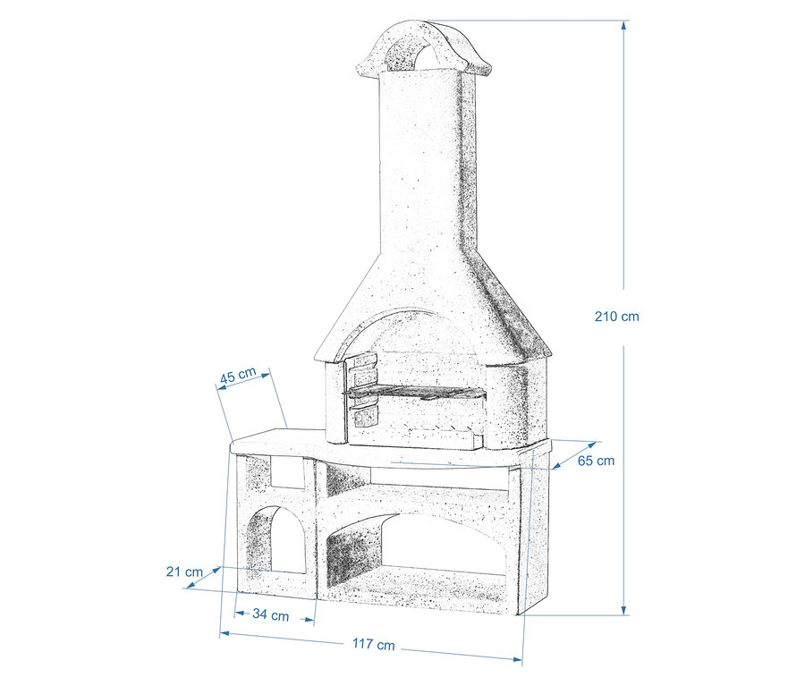 Skizze eines Buschbeck Gartengrillkamin »Bozen« mit Maßangaben.