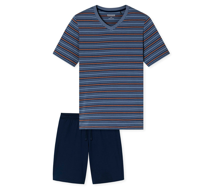 Ein blau gestreifter Schlafanzug mit einem T-Shirt mit V-Ausschnitt und marineblauen Shorts.
