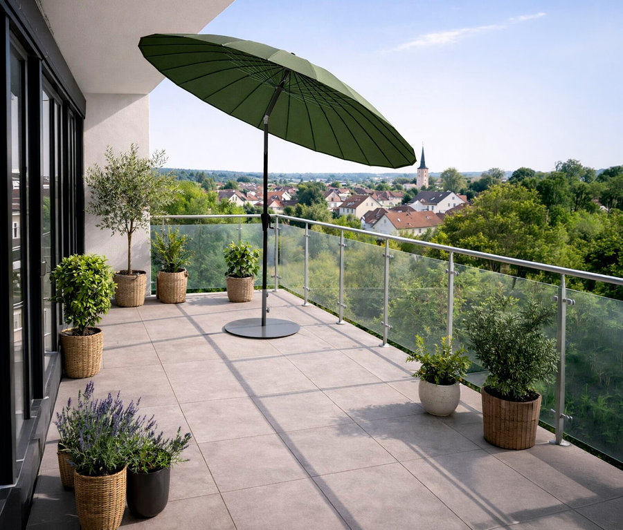 Auf einer Terrasse steht ein grüner Leco Shanghai Sonnenschirm*, Ø 270 cm, neben mehreren Pflanzen in Töpfen.