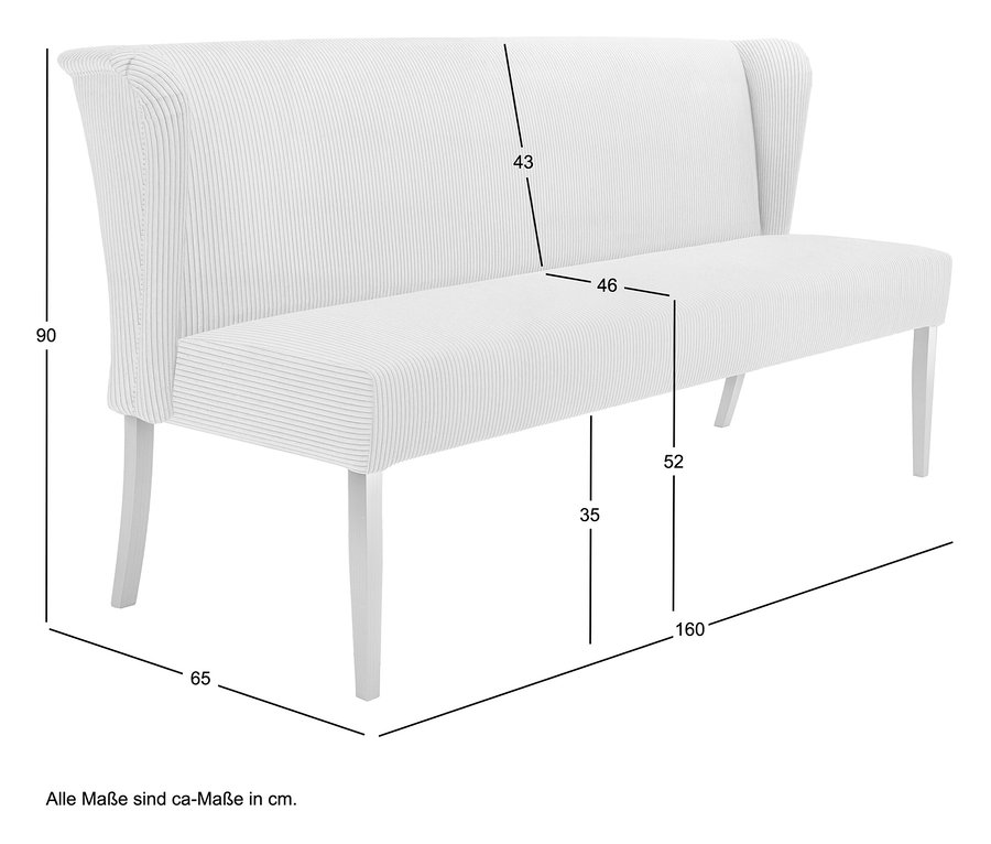 Eine weiße Sitzbank mit Maßen ist dargestellt.