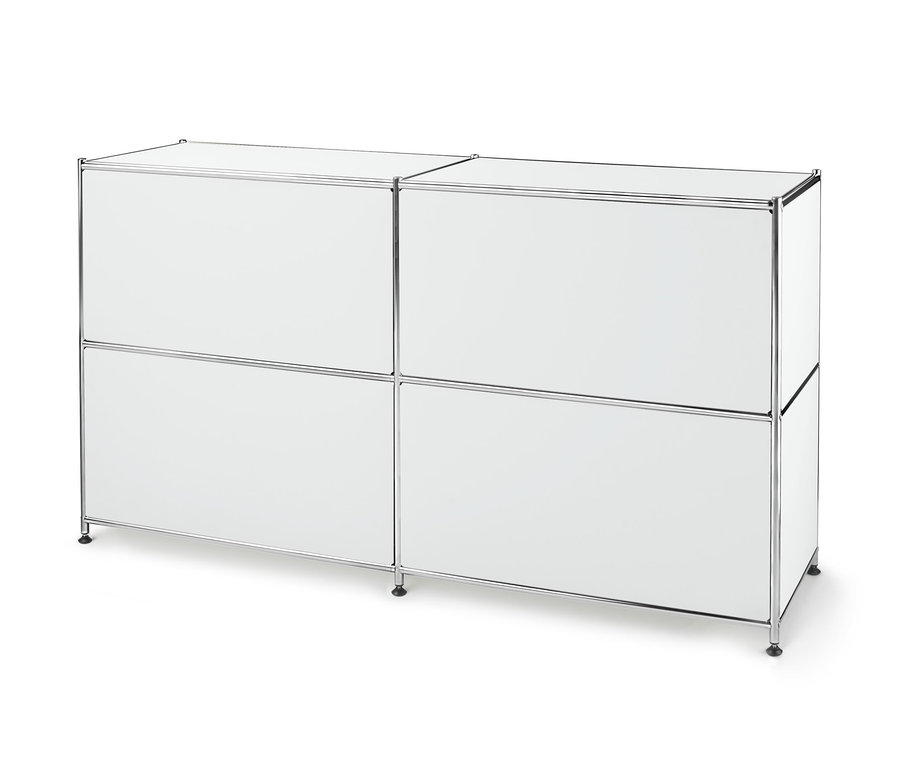 Weißes Metall-Sideboard mit 2 versetzbaren Klappenfächern.