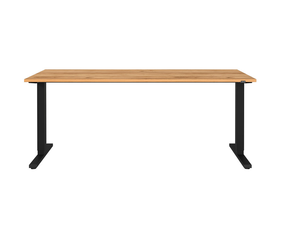 Ein rechteckiger Schreibtisch mit einer hellen Holzplatte und schwarzen Beinen.