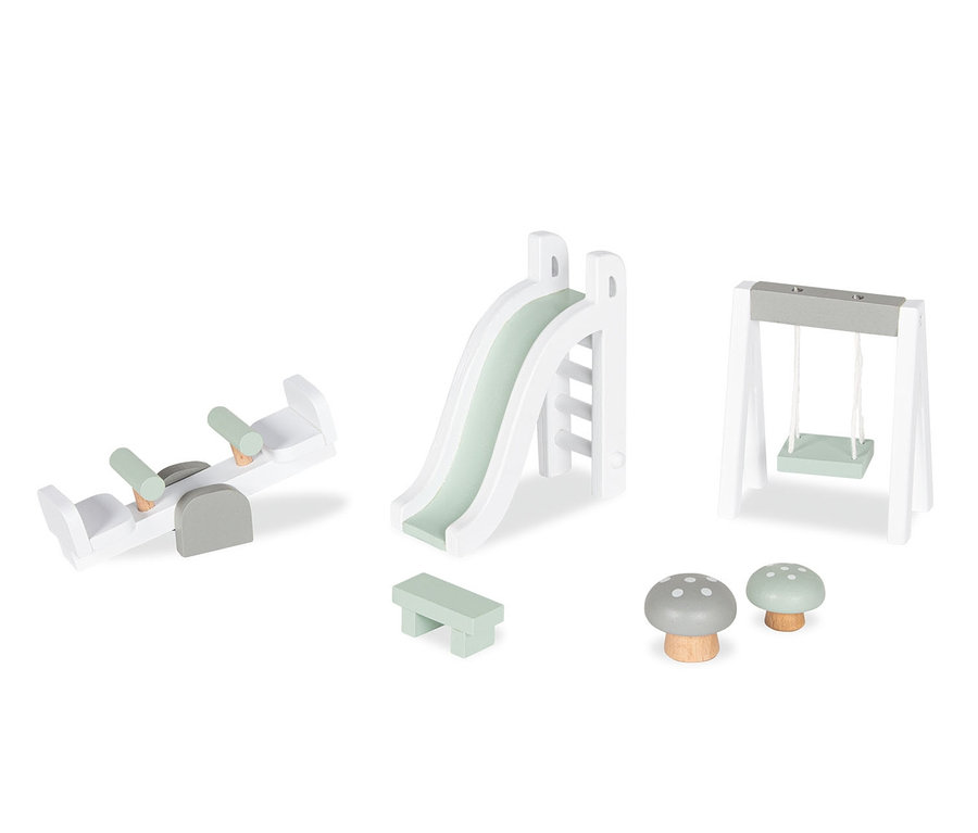 Pinolino Puppenhaus-Spielplatz-Set mit Rutsche, Schaukel, Wippe und Hockern.