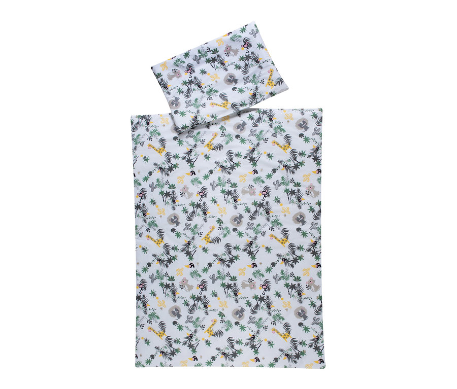 Schardt Bettwäsche »Jungle« und Schardt Bett-Set »Jungle«, 4-teilig mit Dschungeltieren und Pflanzen auf weißem Stoff.