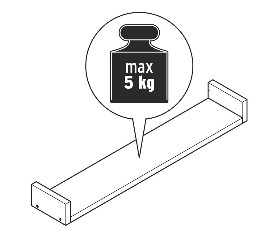 Illustration eines Wandregals, ca. 80 cm lang, mit einer maximalen Traglast von 5 kg.