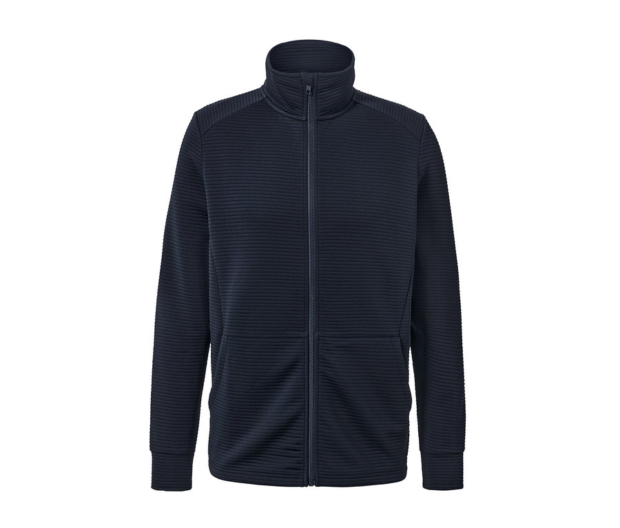 Marineblaue Funktionsjacke mit Reißverschluss in der Mitte.