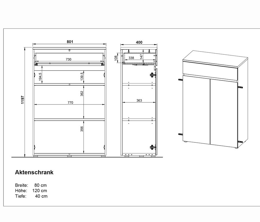 Schwarz-weiße Zeichnung von Aktenschrank »Lissabon« mit Maßangaben und Details.