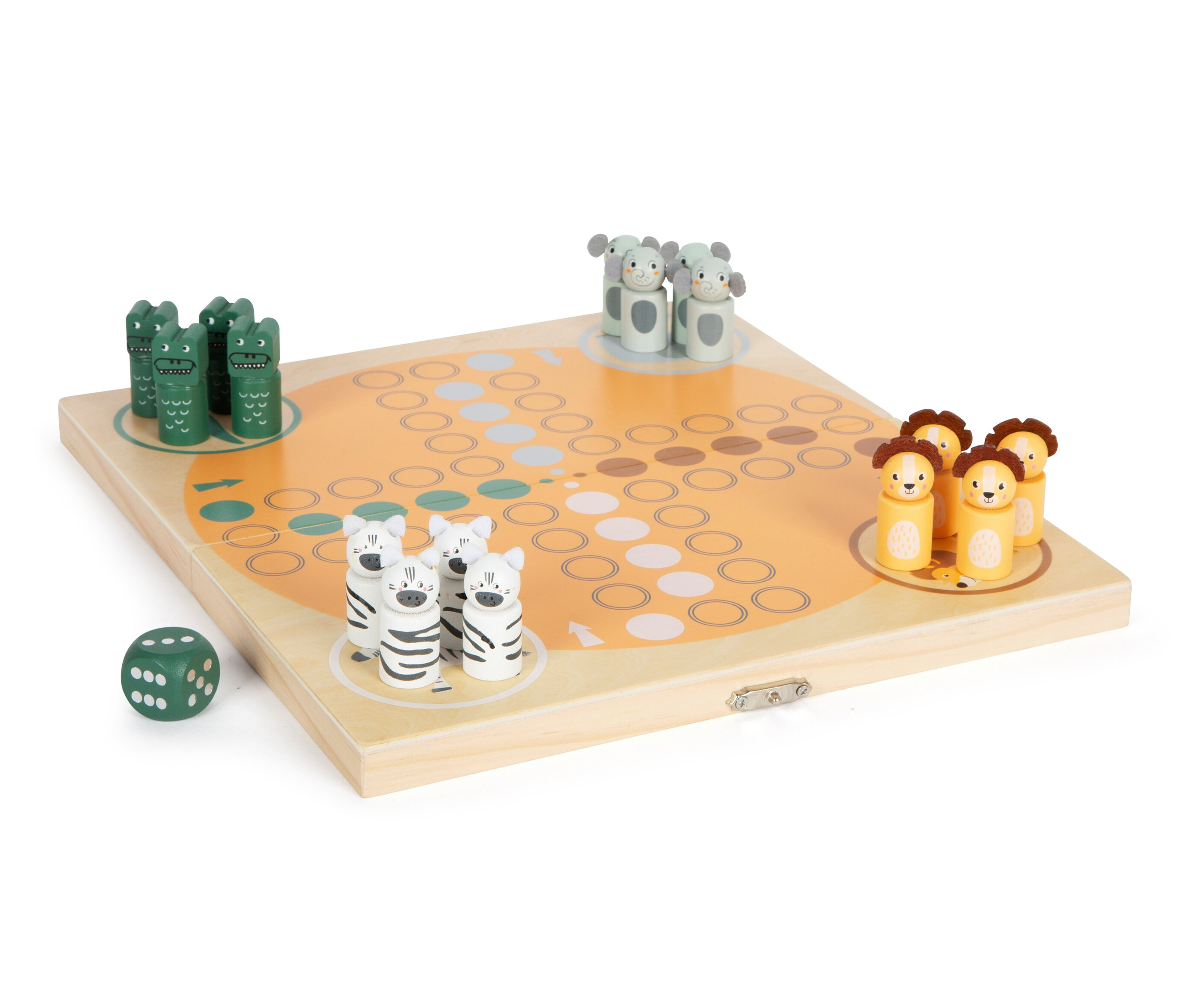 Holz-Ludo »Safari«: Spielbrett mit Tierfiguren (Zebras, Löwen, Krokodile, Elefanten) und Würfel.