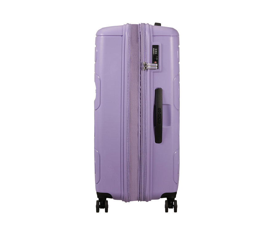 Detailansicht eines lavendelfarbenen American Tourister Hartschalen-Koffers "Sunside Spinner", 77/28.