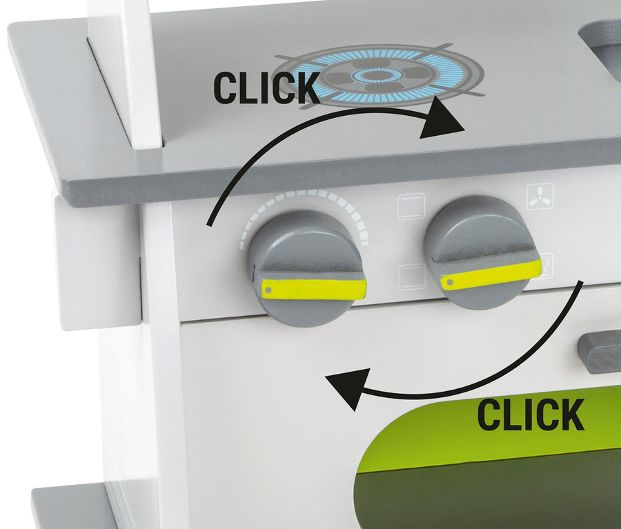 Detailansicht einer kompakten small foot Kinderküche mit Drehknöpfen.