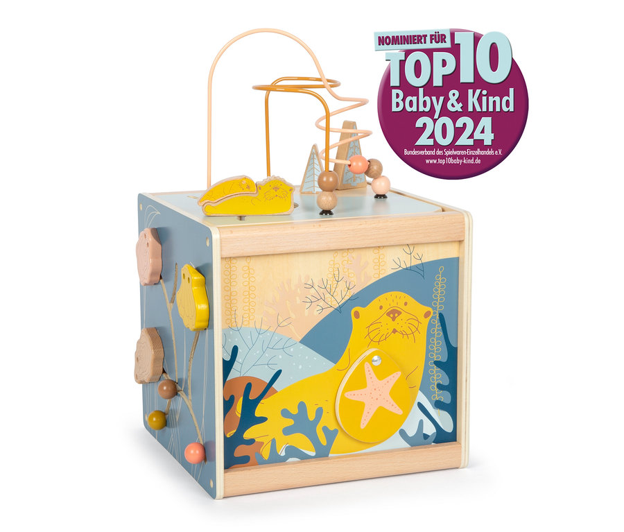 Holzwürfel »Seaside« von small foot mit Motorikschleife und maritimem Design.