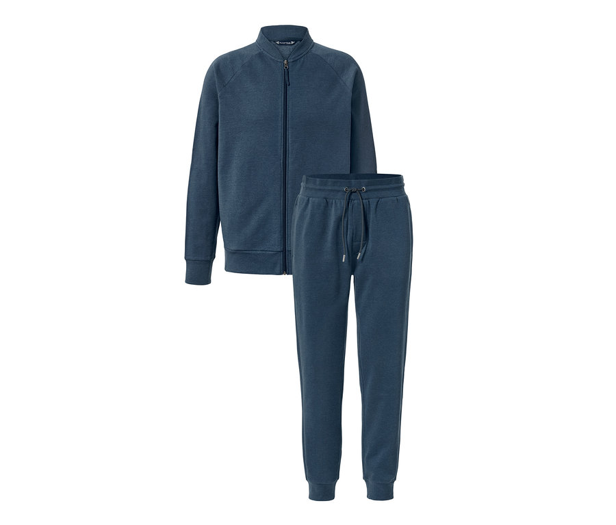 Blauer Hausanzug mit Reißverschluss und Kordelzug.