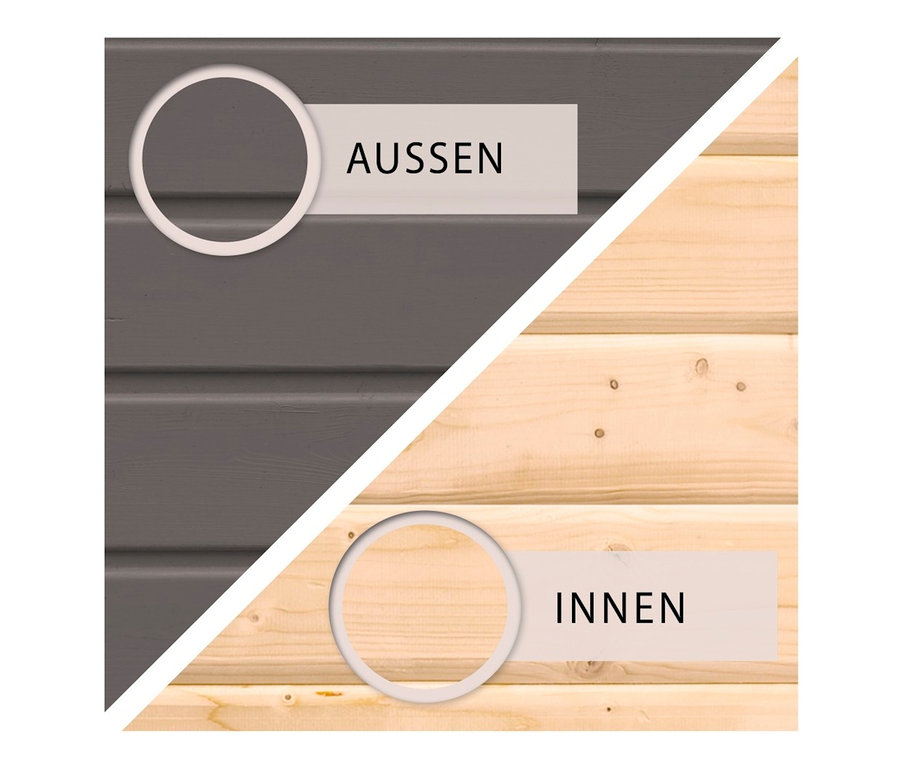 Diagonal geteilt zeigt das Bild Aussen- und Innenansicht eines Karibu Gartenhauses mit 3,20 m Anbaudach, 28 mm (Neeltje).