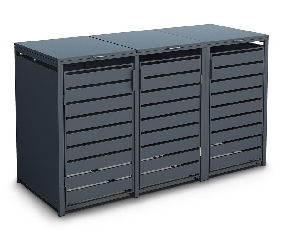 Graue Mülltonnenbox aus Stahl für 3 Mülltonnen.