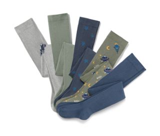 1x mittelblau mit Sternen-Allovereinstrick, 1x grau meliert mit Raketen-Einstrick, 1x khaki mit Outerspace-Allovereinstrick, 1x mittelblau, 1x khak