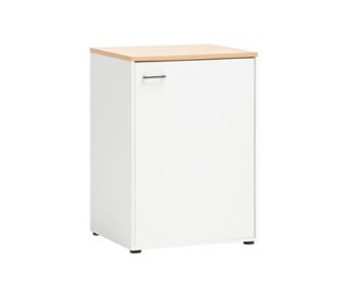 Korpus matt weiß<br>Griffe anthrazit,<br>Abdeckplatte Eichendekor<br>Möbelgleiter schwarz