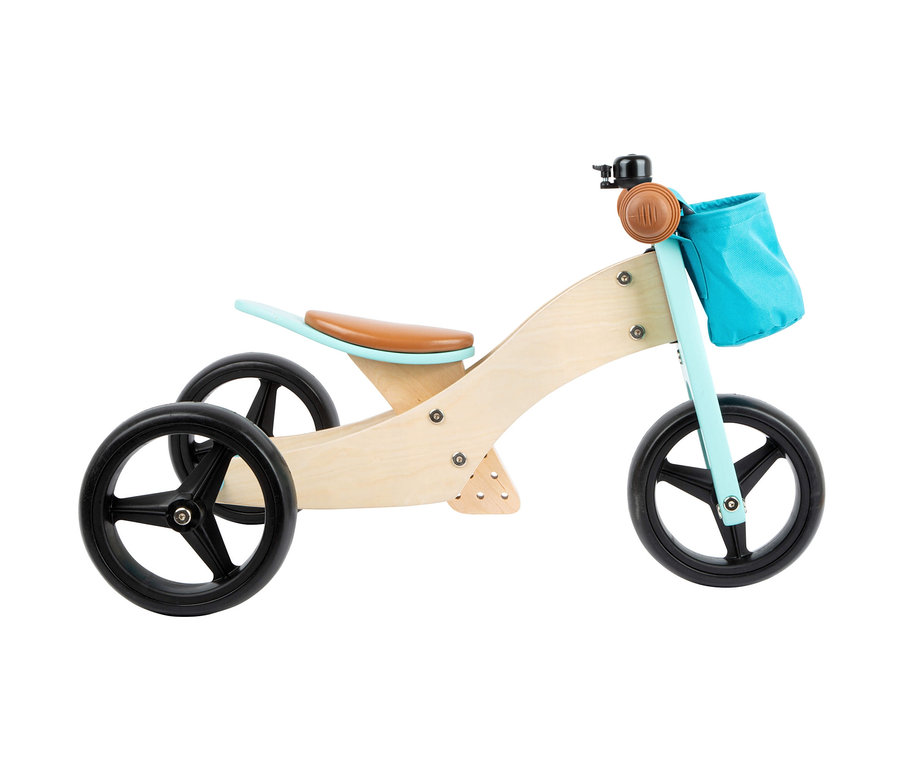 Türkises small foot Laufrad-und-Dreirad »Trike« mit schwarzen Rädern, braunem Sattel und türkisem Korb.