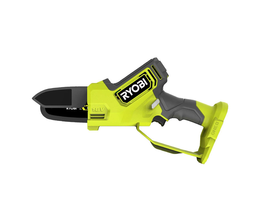Gelb-graue Ryobi 18 V One+ Brushless Akku-Einhand-Kettensäge.
