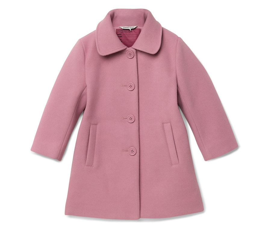 Rosa Mantel mit Kragen, Knopfverschluss und Taschen.