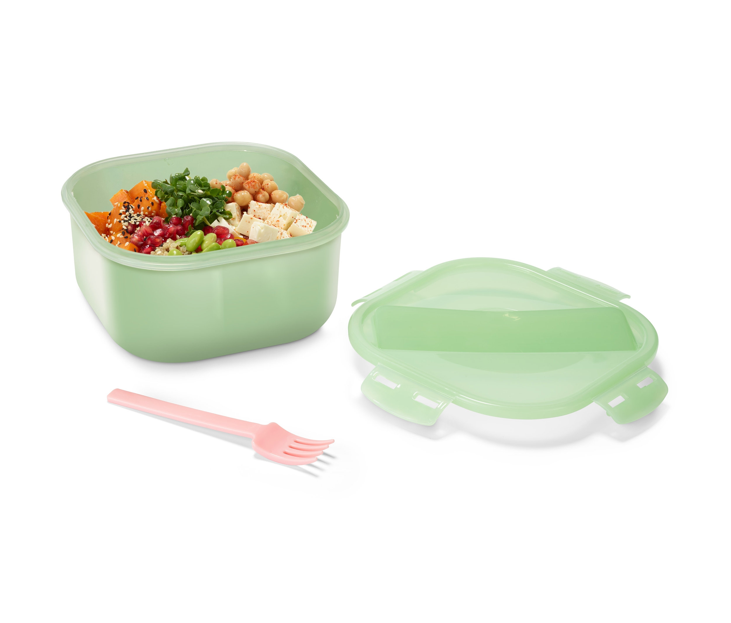 Eine grüne Lunchbox mit Inhalt und einer pinken Gabel.