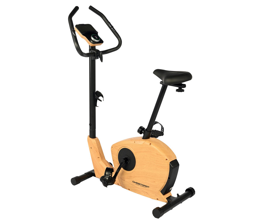 Heimtrainer mit Holzrahmen und schwarzem Lenker und Sattel.