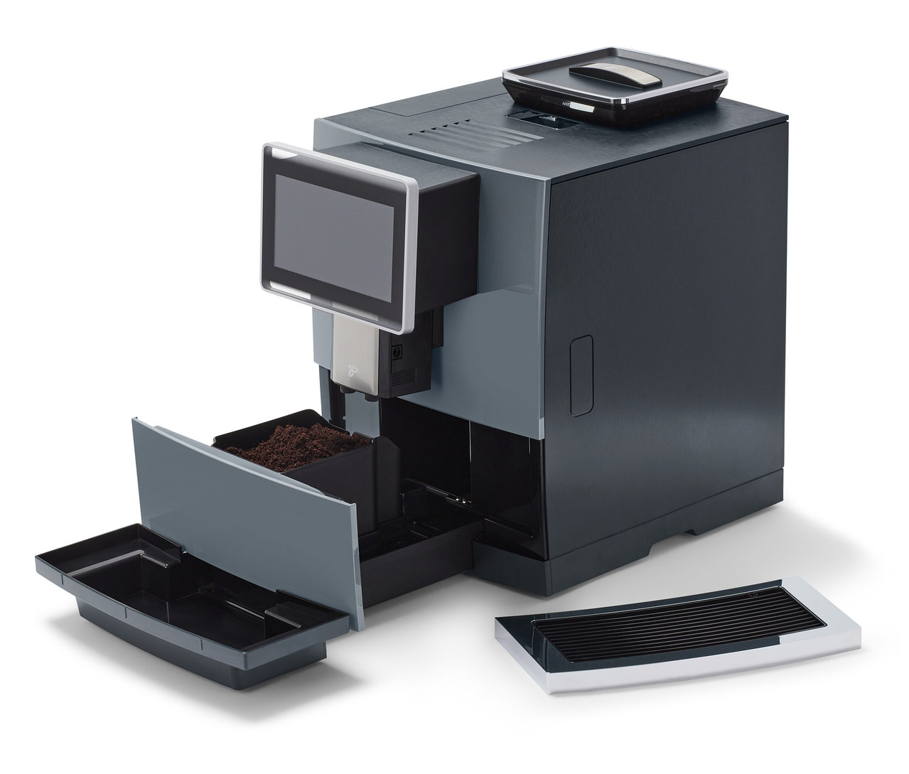 Schwarzer Profi-Kaffeevollautomat »Tchibo Office« mit geöffnetem Kaffeebohnenbehälter und Abtropfschale.