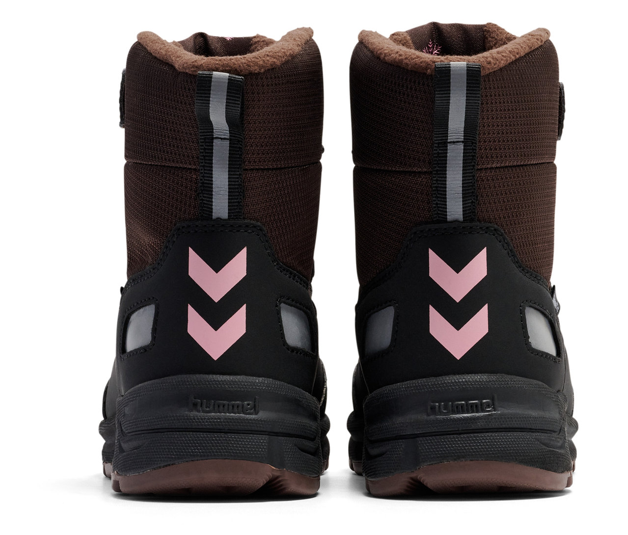 Zwei HUMMEL Snow Boot Tex, rosa, von hinten gezeigt.