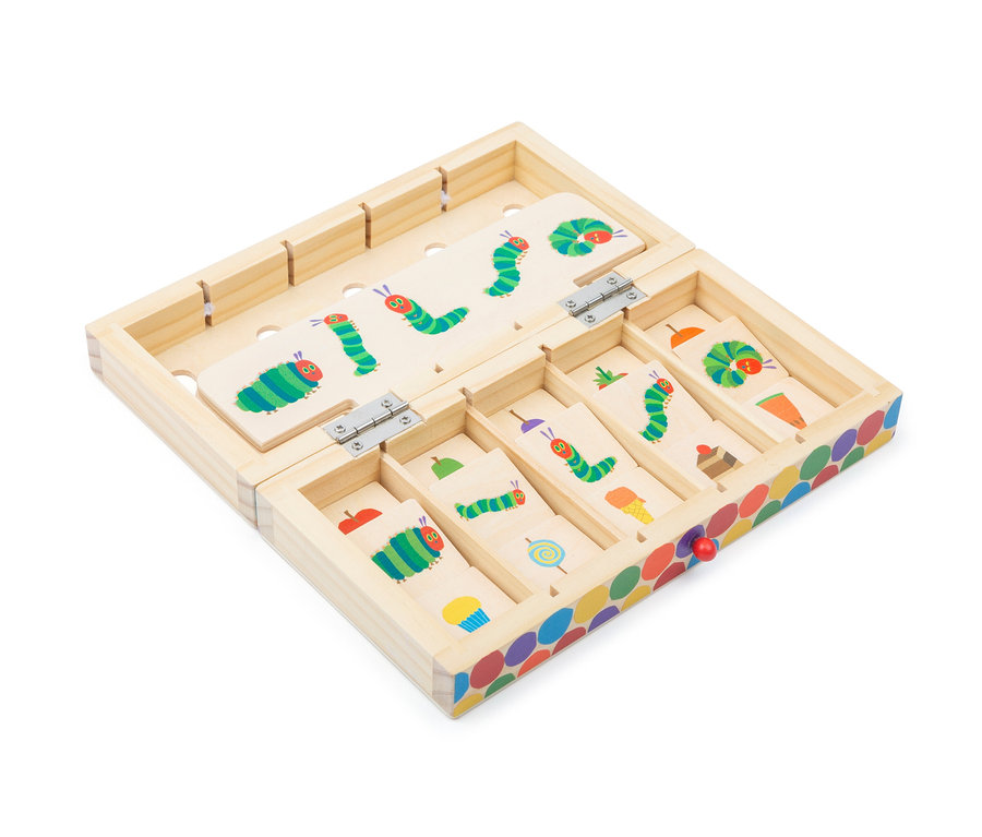 Offene Holzkiste mit Raupen- und Essensbildern, small foot Bildersortierbox »Raupe Nimmersatt«.