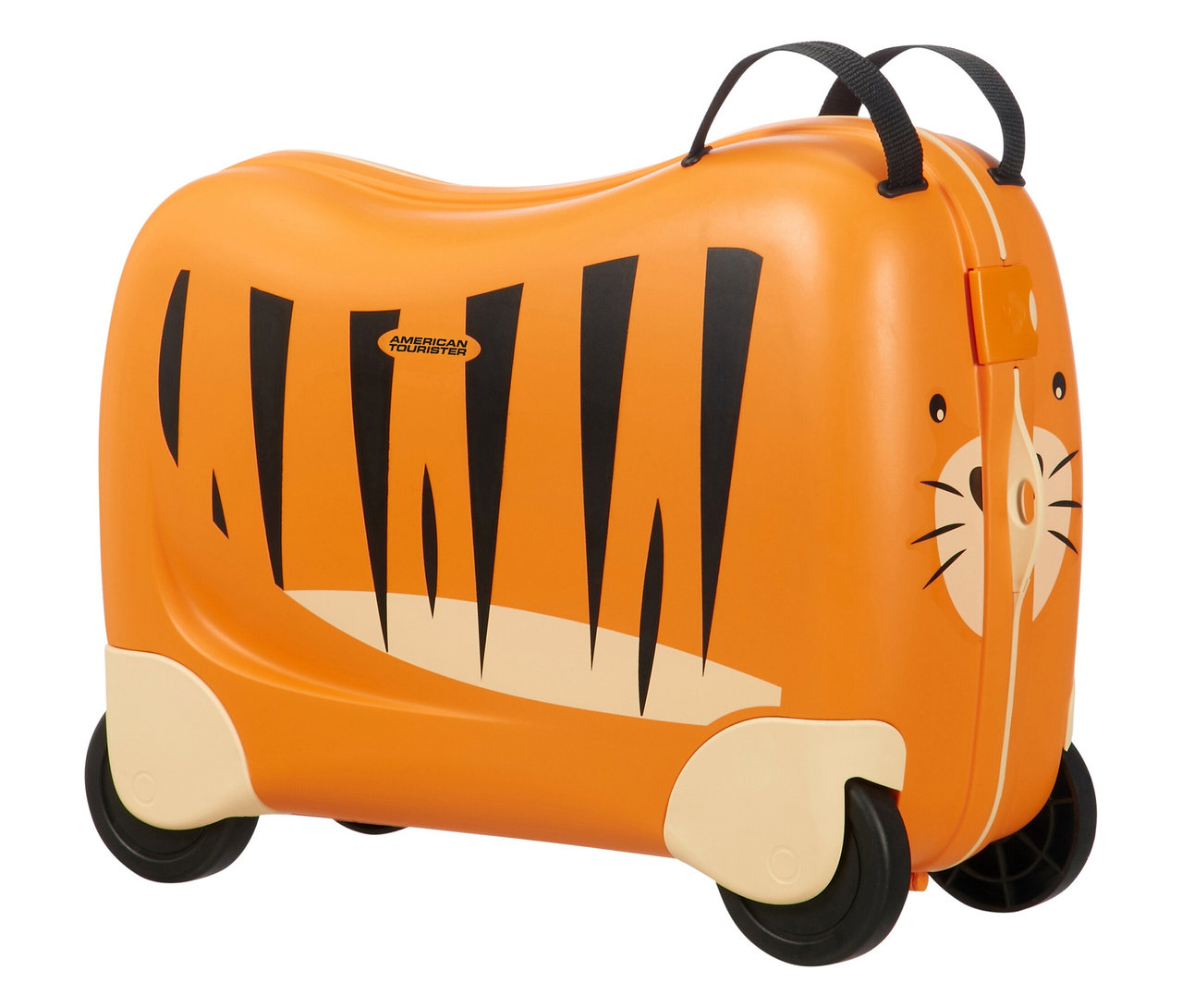 Orangefarbener American Tourister »Funrider« Aufsitzkoffer im Tigerdesign mit schwarzen Streifen und Griff.