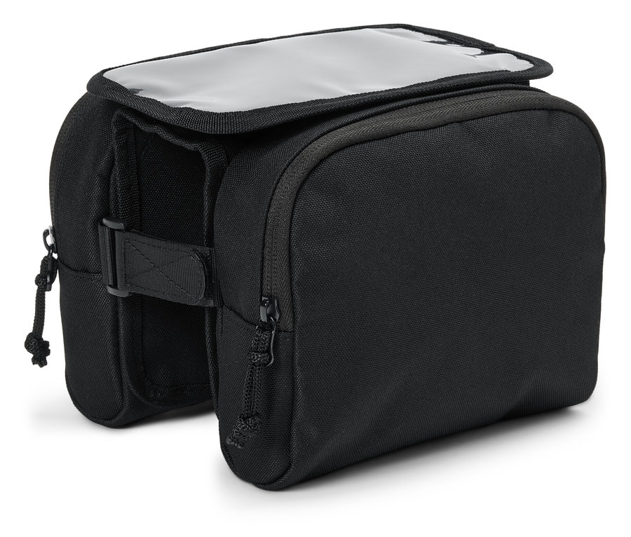 Eine schwarze Fahrradlenkertasche mit transparentem Deckel.