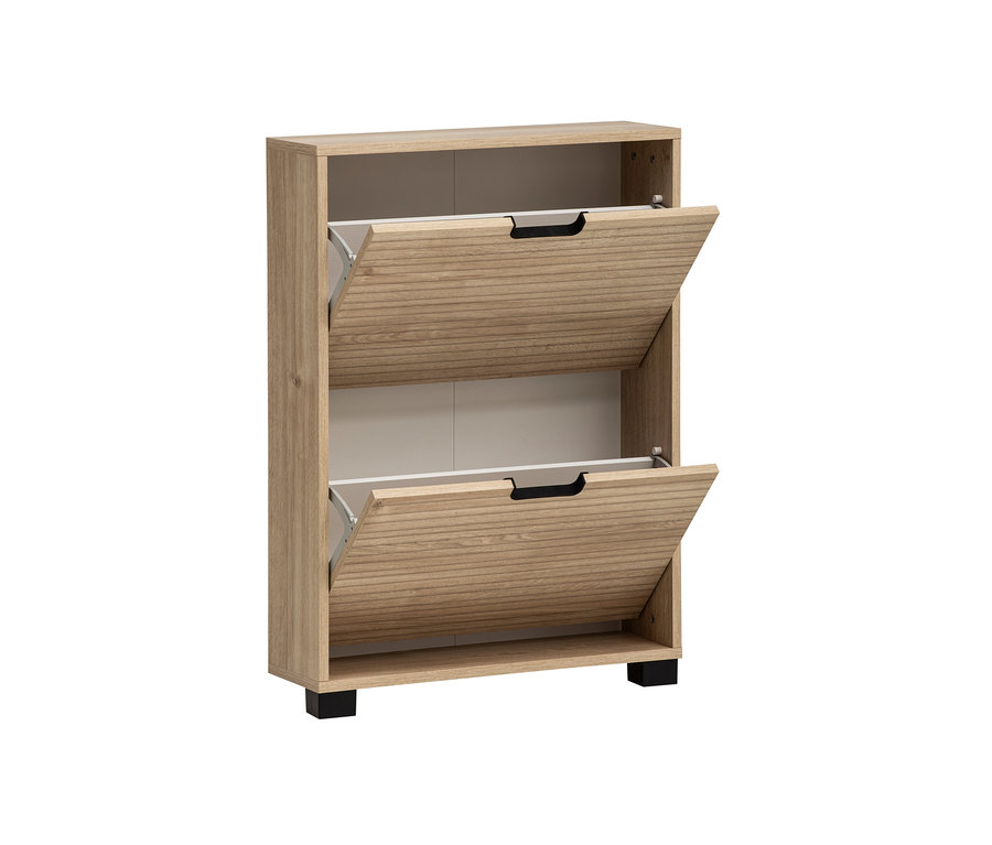 Schuhschrank »Emmik« in Weißeiche gestreift mit zwei geöffneten Klappen.