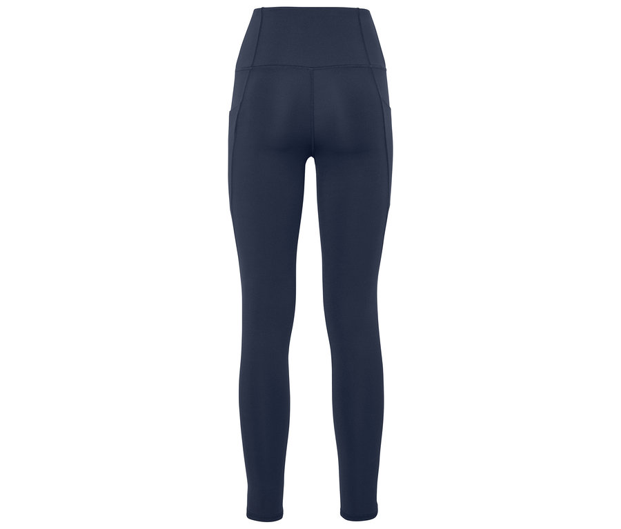 Marineblaue Leggings mit hohem Bund und Seitentaschen, Rückansicht.