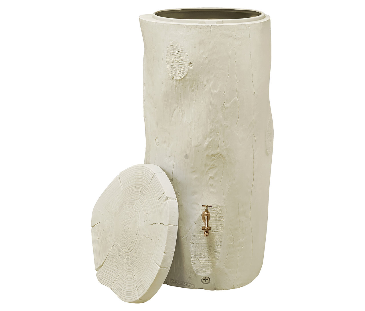 Beiger Regentank in Baumstammoptik mit einem goldenen Wasserhahn und einem Deckel daneben.