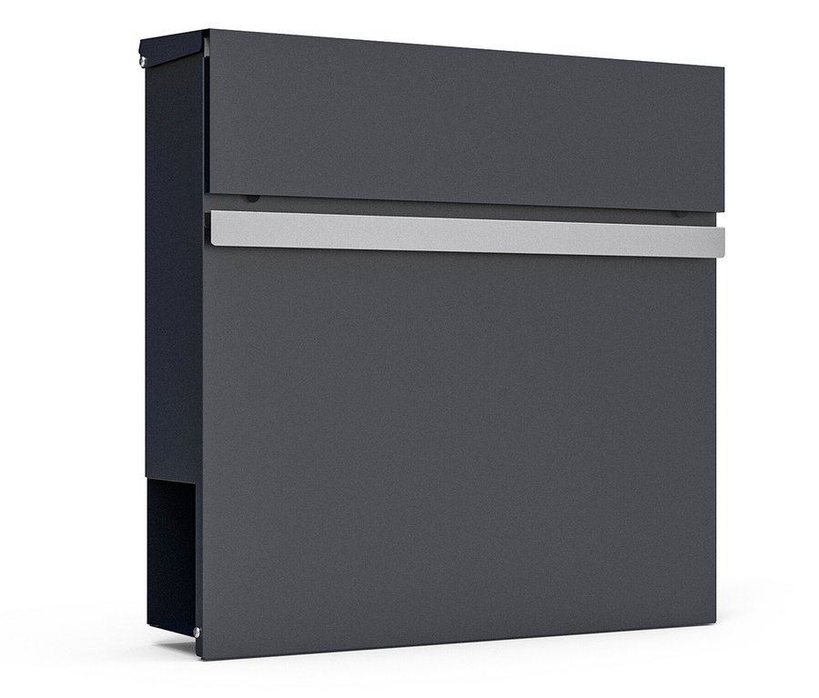 Nahaufnahme eines grauen Briefkastens mit einem horizontalen silbernen Akzent.