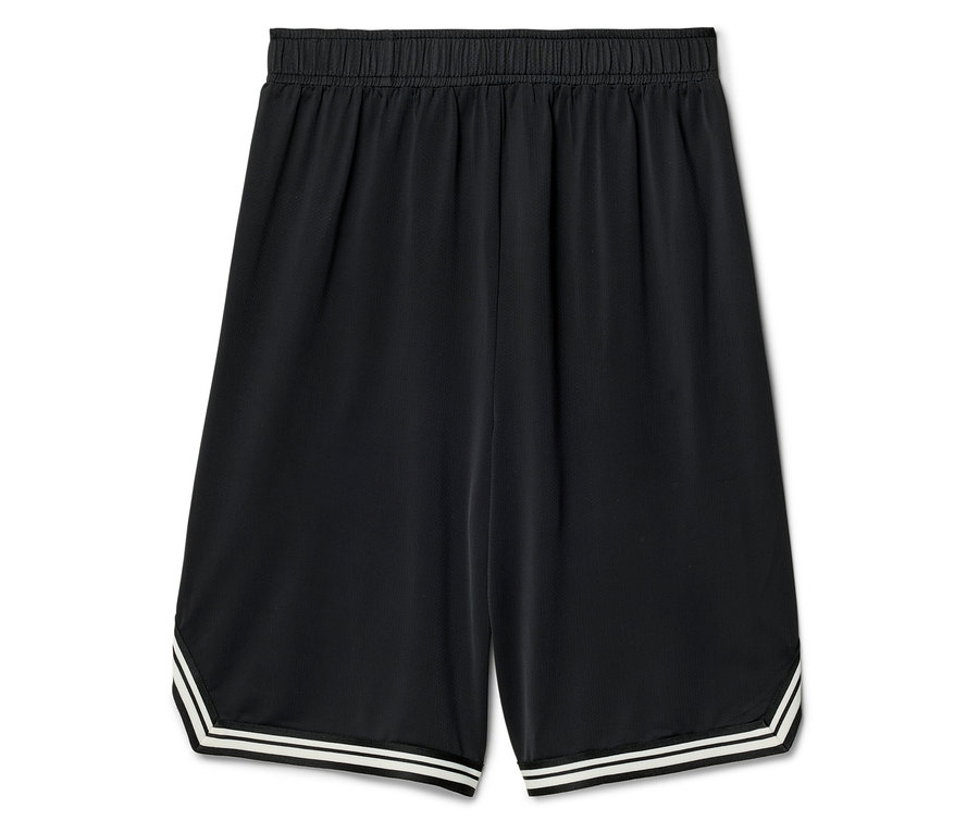 Schwarze Shorts mit elastischem Bund und weißen Streifen am Saum.