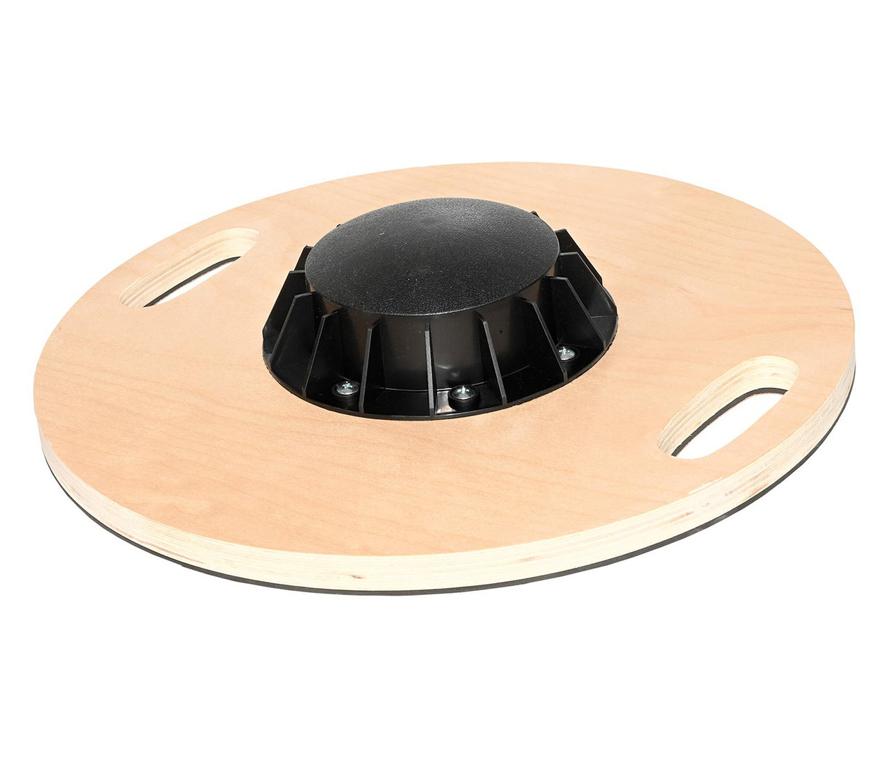 F2 Round Balance Plate aus hellem Holz mit schwarzem Kunststoffaufsatz in der Mitte.