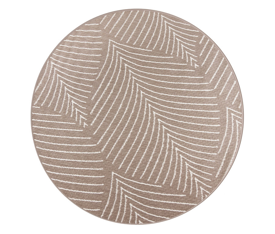 Beiger runder Teppich mit weißem Zickzackmuster.