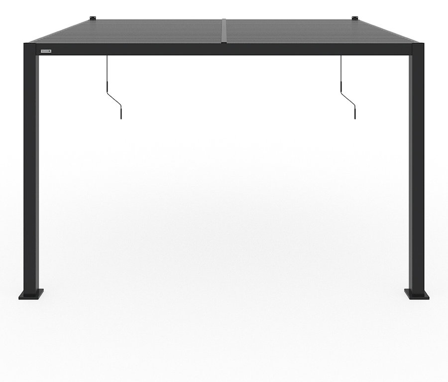 Schwarze Pergola mit Lamellendach auf weißem Hintergrund.