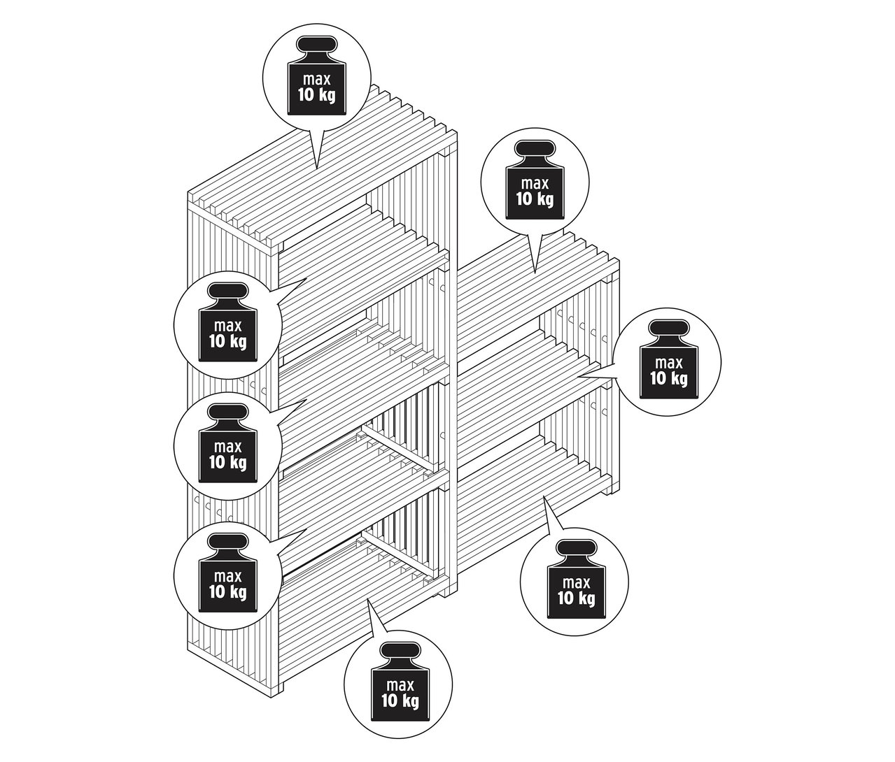 Zeichnung eines ausziehbaren Regals "FLEKSIBEL" mit Gewichtsmarkierungen.