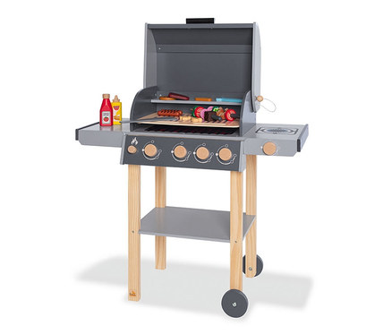 Grauer Pinolino Kindergrill »Jeff« mit Holzkohle, Würstchen, Gemüse und Soßenflaschen.