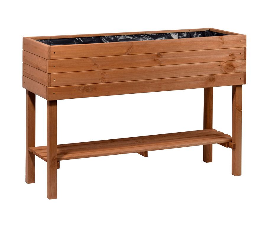 Ein hölzernes Hochbeet, ca. 117 x 80 x 40 cm, mit schwarzem Einsatz und Ablage.