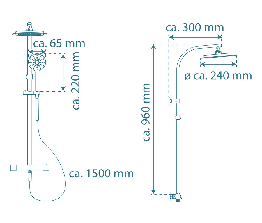 Abbildung des Überkopfbrause-Sets »Madura Fresh« mit Thermostatarmatur, chrom, zusammen mit den Abmessungen.